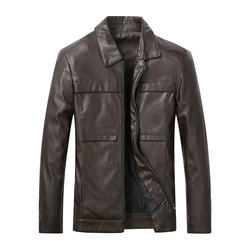 Herren Slim‑Fit Lederoptik-Truckerjacke mit Hemdkragen, verdecktem Reißverschluss und Pattentaschen Nord Taschen