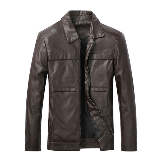 Herren Slim‑Fit Lederoptik-Truckerjacke mit Hemdkragen, verdecktem Reißverschluss und Pattentaschen Nord Taschen