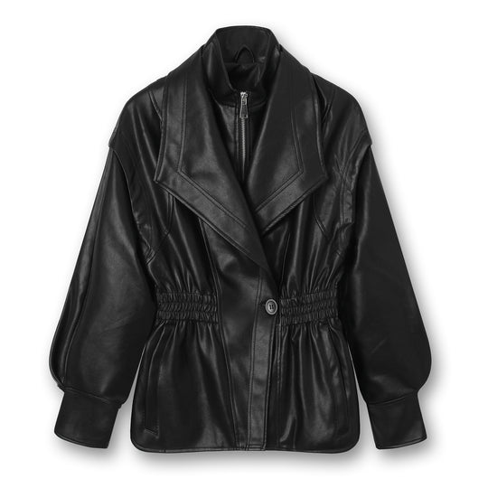 Damen Lederjacke mit taillierendem Kordelzug, großem Revers und voluminösen Ballonärmeln Nord Taschen