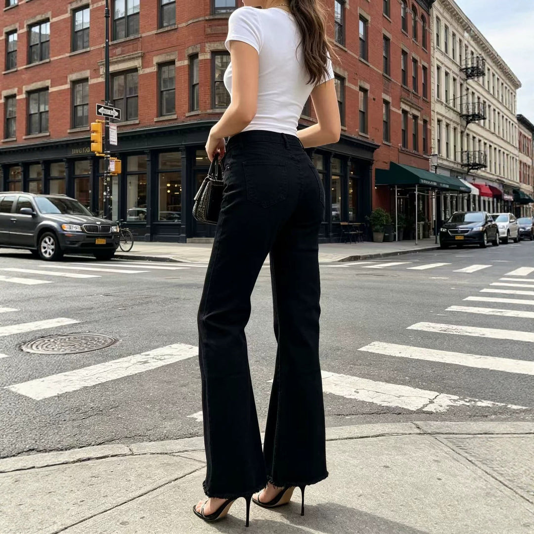 Damen hochgeschnittene Flared-Jeans mit taillierendem Bund, leichtem Stretch und rohem Saum Nord Taschen