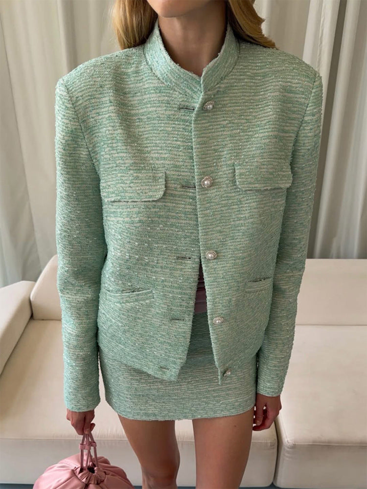 Damen Tweed-Zweiteiler Kurzjacke und Minirock im Bouclé-Stil Nord Taschen