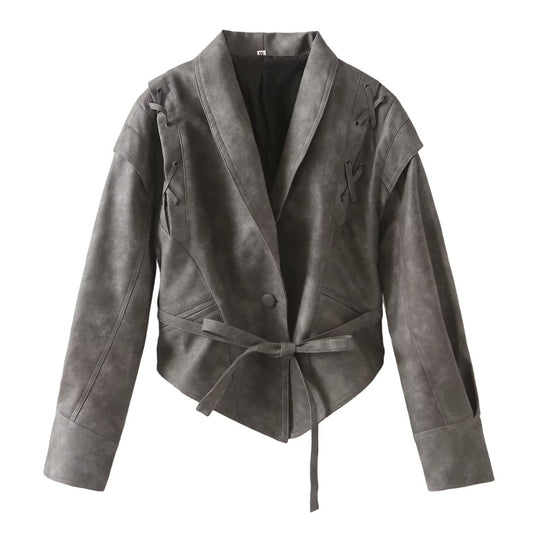 Damen Kurzjacke im Wildlederlook mit Schalkragen, Schnürdetails und Taillengürtel Nord Taschen