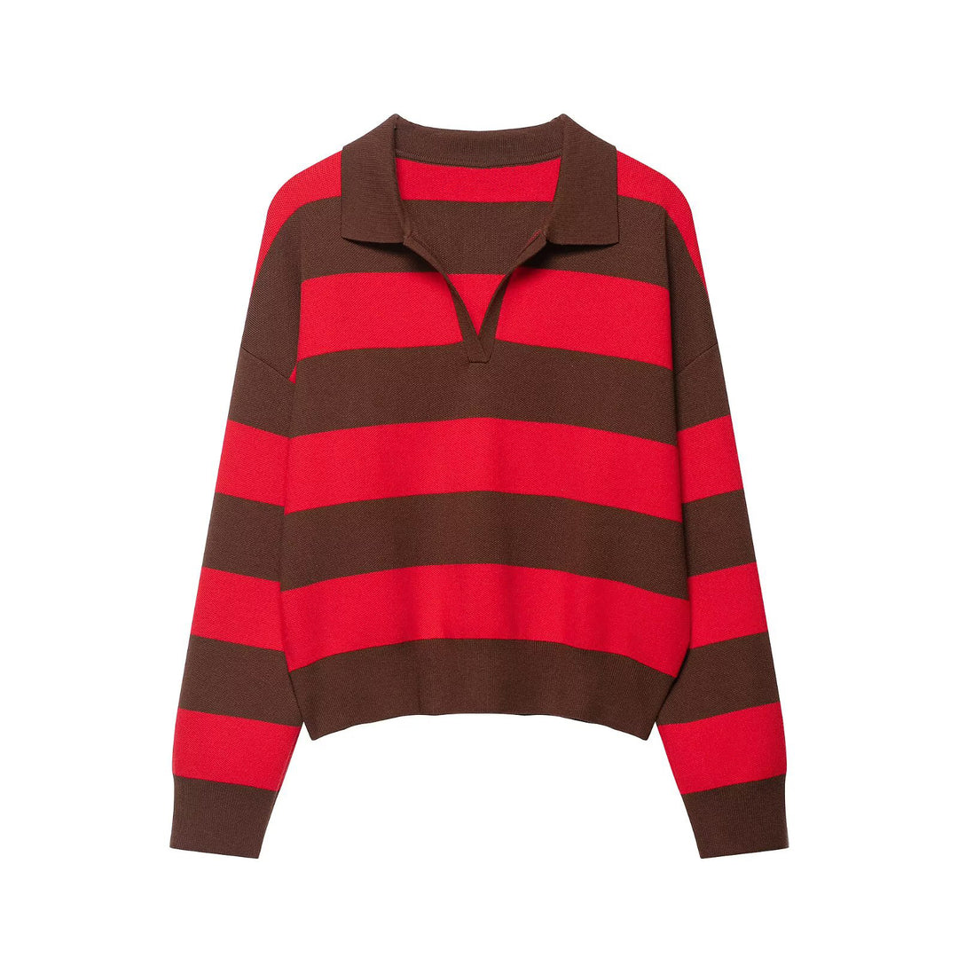 Damen Gestreifter Rugby-Polo-Pullover mit V-Notch und Cropped-Saum Nord Taschen