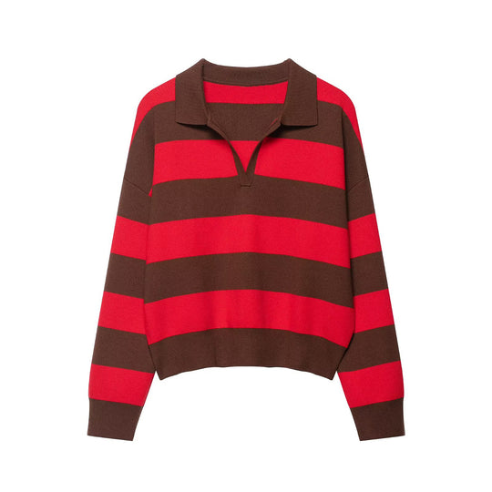 Damen Gestreifter Rugby-Polo-Pullover mit V-Notch und Cropped-Saum Nord Taschen
