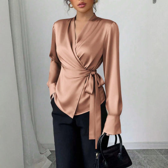 Damen Satin-Wickelbluse mit V-Ausschnitt, Taillengürtel und schmalem Manschettenärmel Nord Taschen