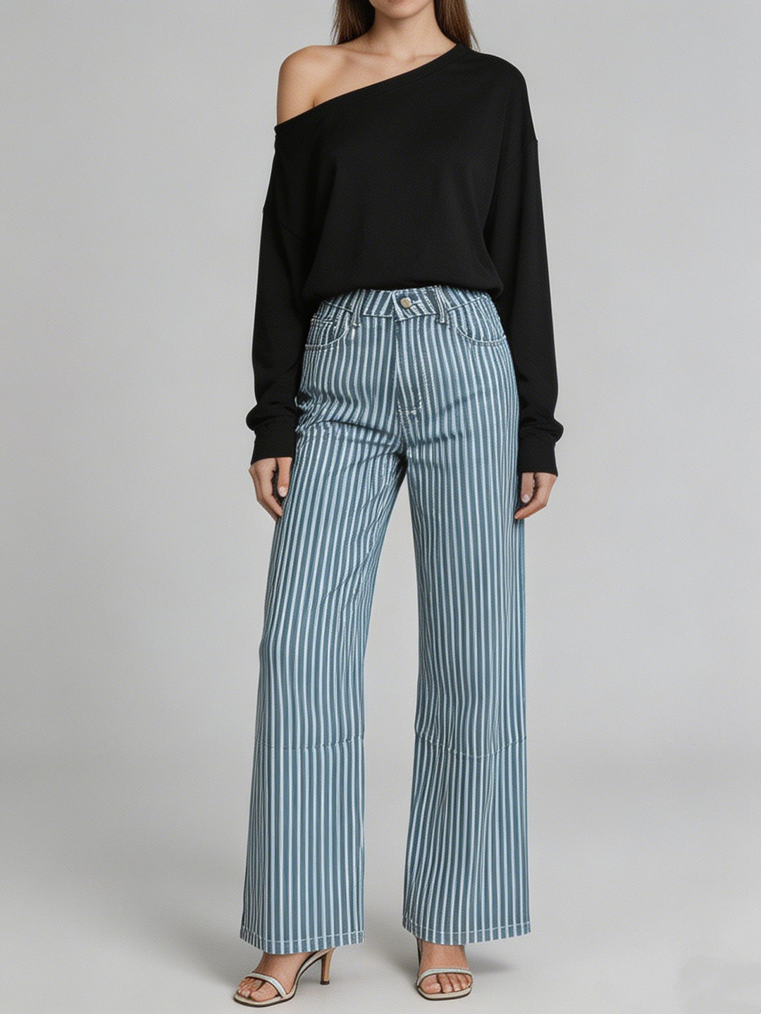 Damen weite High-Waist Palazzohose mit vertikalen Streifenoptik und abgesteppten Kniepartien Nord Taschen