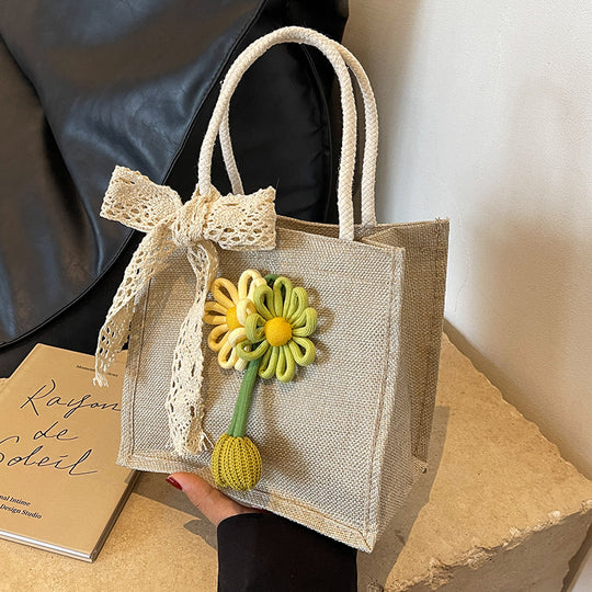 Damen Jute-Strandtasche mit floralem Dekor und verspieltem Schleifenakzent Nord Taschen
