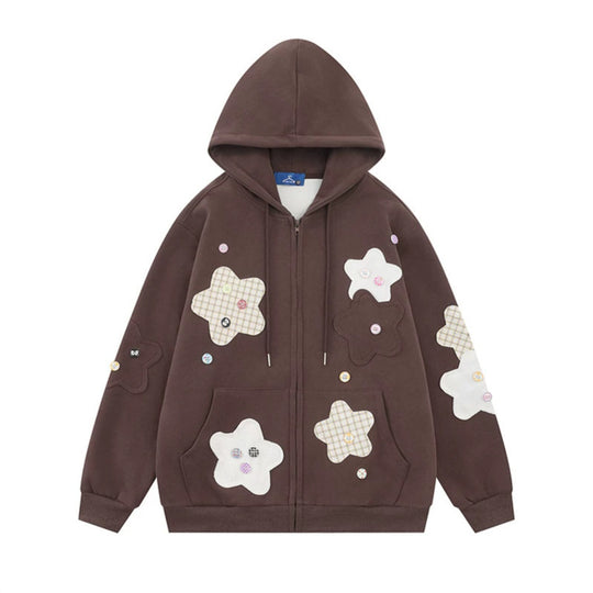 Damen Oversize-Zip-Hoodie mit floralen Stern-Applikationen und Knopf-Details Nord Taschen