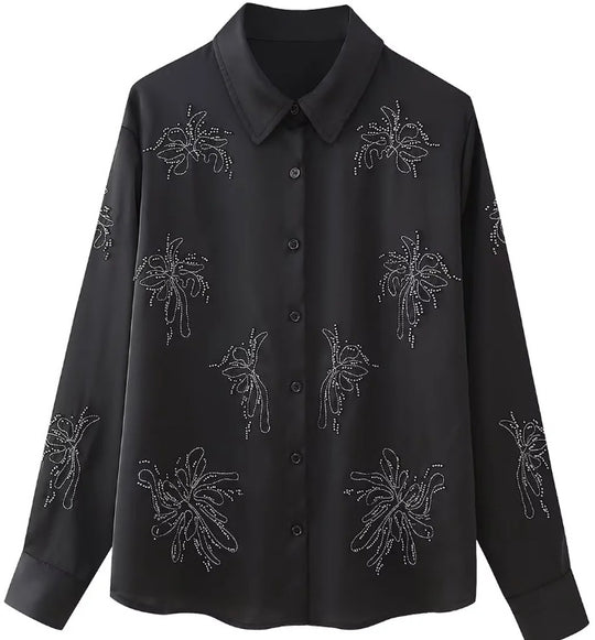 Damen bestickte Seidenoptik-Bluse mit funkelnden Kristallapplikationen und Hemdkragen Nord Taschen