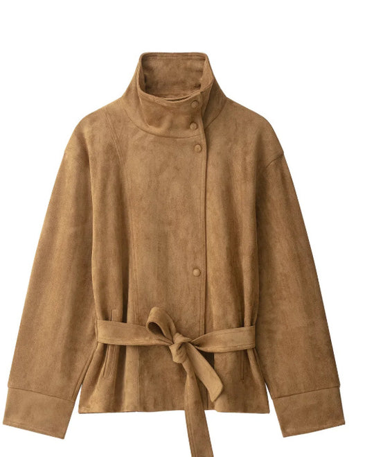Damen Kurzjacke aus Veloursoptik mit Stehkragen und Taillengürtel Nord Taschen
