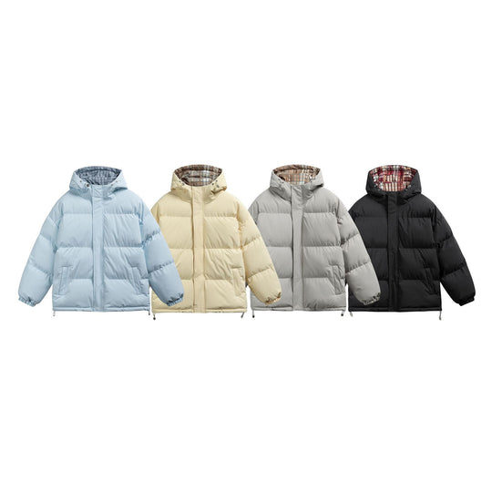 Damen Wattierte Oversize-Steppjacke mit Kapuze, hohem Kragen und karierter Futterverzahnung Nord Taschen
