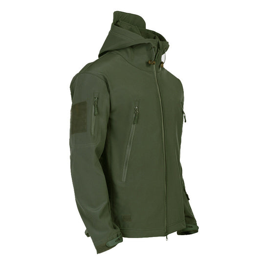 Herren taktische Softshell‑Fieldjacke mit Kapuze, Multifunktionstaschen und Klettpatchfläche Nord Taschen