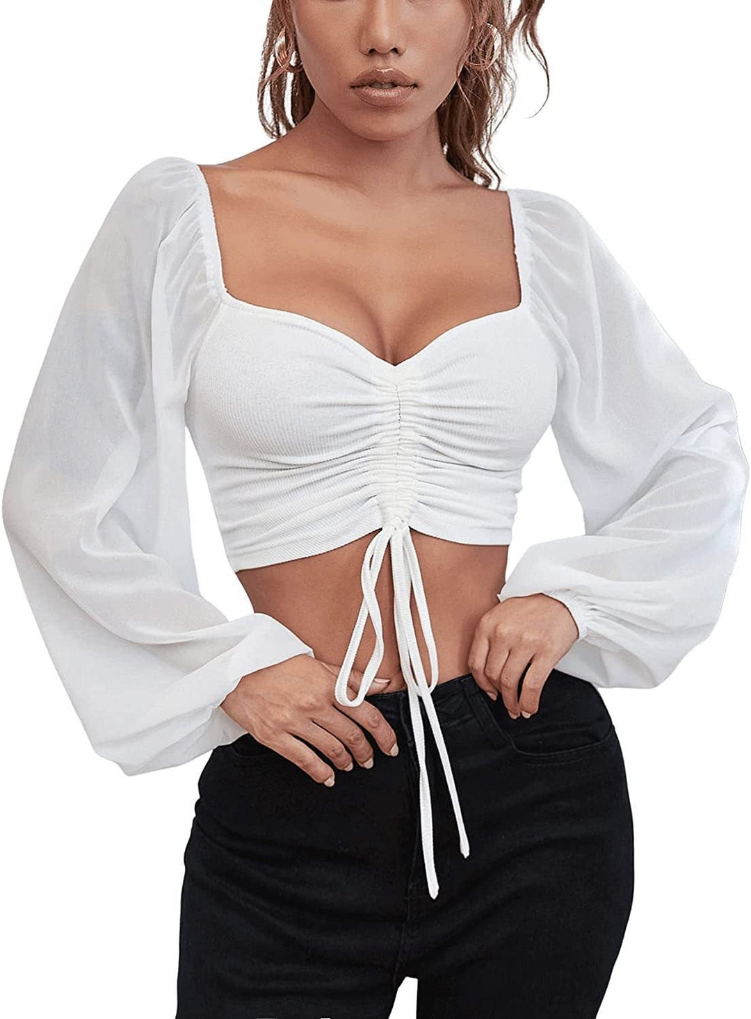 Damen Crop-Top mit strukturiertem Körper und eleganten Puffärmeln