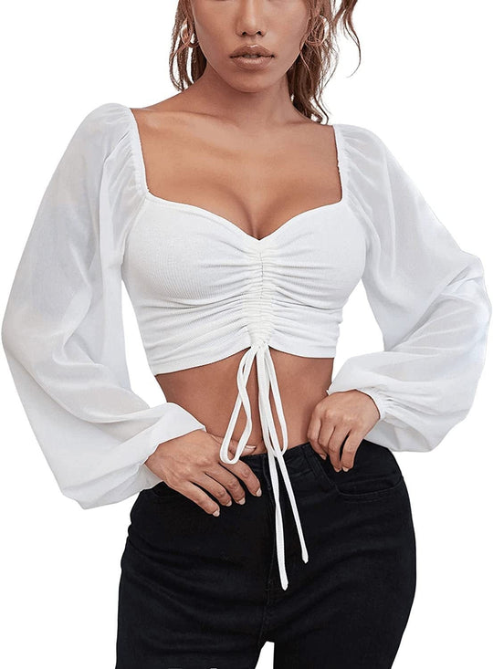 Damen Crop-Top mit strukturiertem Körper und eleganten Puffärmeln