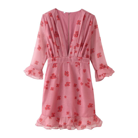 Damen Chiffon-Minikleid mit plissiertem Dekolleté, transparenten Volantärmeln und ausgestelltem Saum Nord Taschen