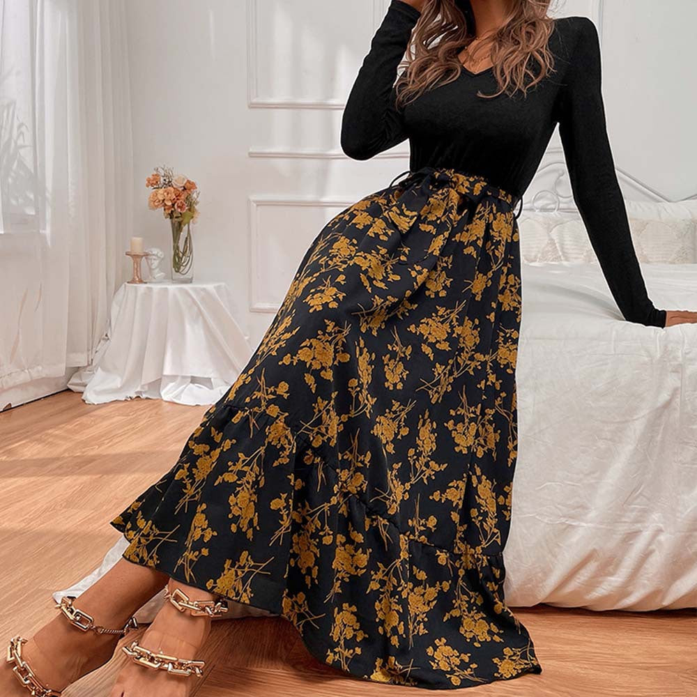 Damen figurbetontes V-Neck-Longsleeve Oberteil mit voluminösem Midi-Rock im floralem Wickelstil Nord Taschen