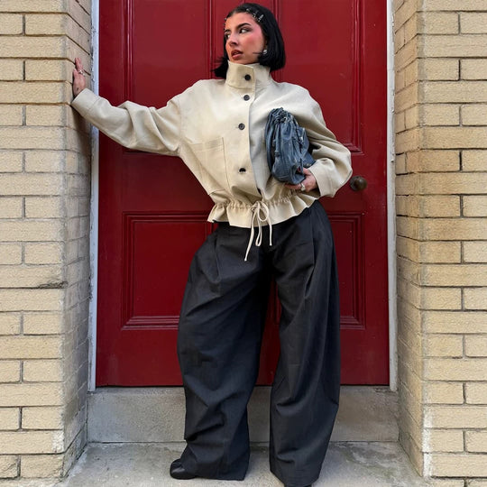 Damen Kurzgeschnittener Oversize-Canvas-Blouson mit Stehkragen Nord Taschen