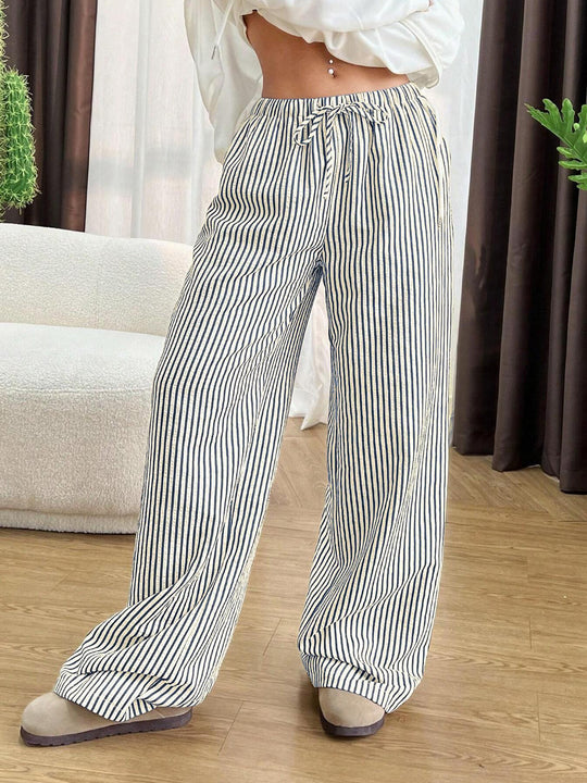Damen Weite Highwaist-Hose mit Tunnelzug Streifen-Leinenoptik und Eingrifftaschen Nord Taschen