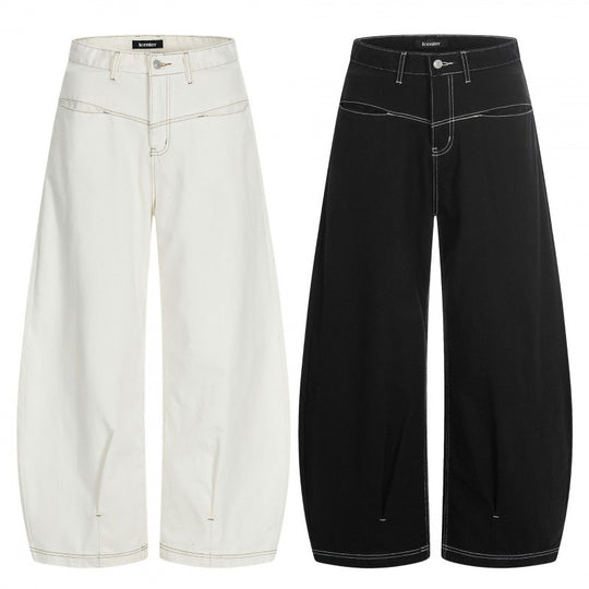 Damen Weite Cropped Ballon-Jeans mit hohem Bund und sichtbaren Kontrastnähten Nord Taschen