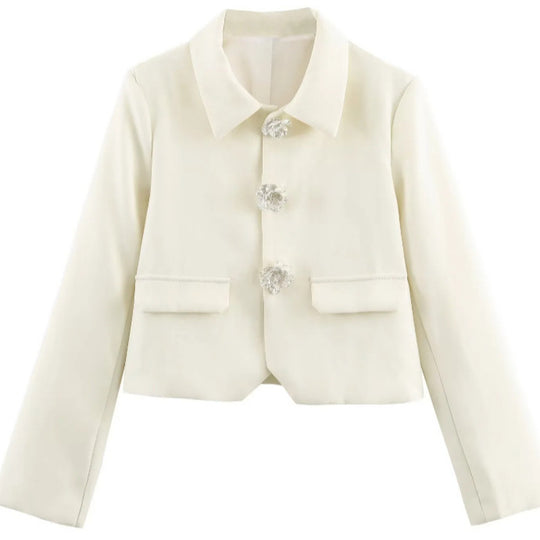 Damen Eleganter Cropped-Blazer mit floralen Strassknöpfen und Pattentaschen Nord Taschen