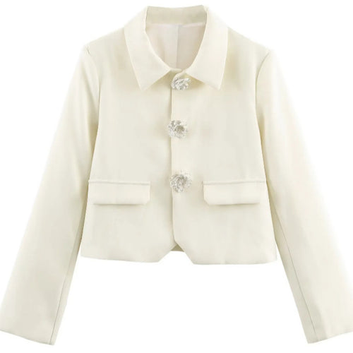 Damen Eleganter Cropped-Blazer mit floralen Strassknöpfen und Pattentaschen Nord Taschen