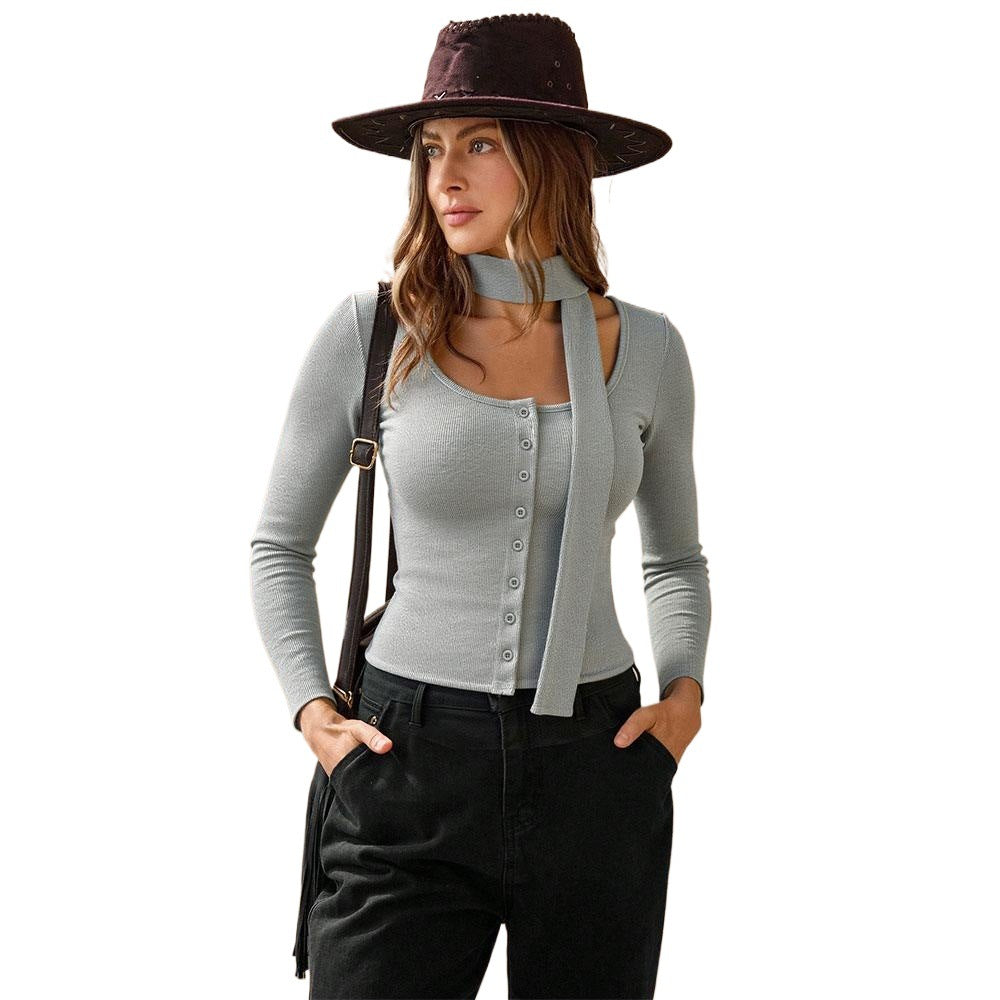Damen geripptes Langarm-Cardigan-Top mit Knopfleiste, integrierter Schlauchschal und figurbetonter Passform Nord Taschen