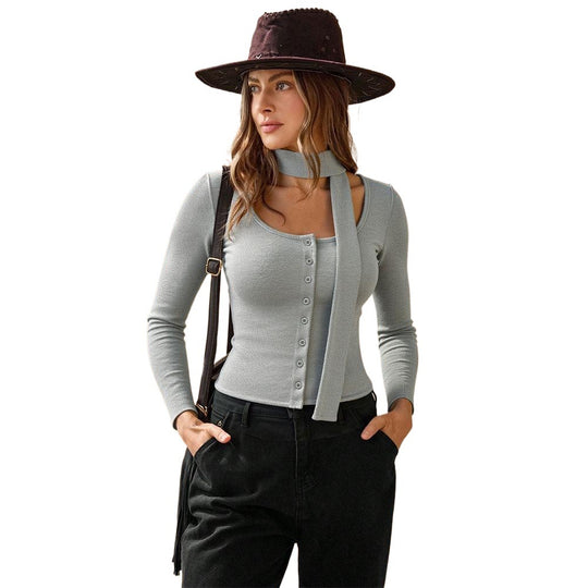 Damen geripptes Langarm-Cardigan-Top mit Knopfleiste, integrierter Schlauchschal und figurbetonter Passform Nord Taschen