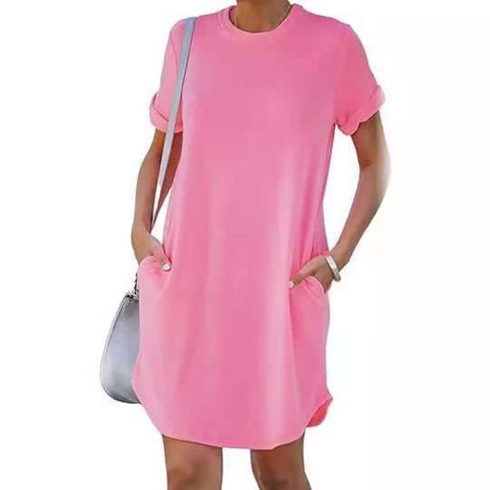 Damen lässiges Freizeitkleid mit Taschen und Rundhalsausschnitt