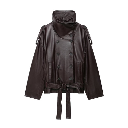 Damen Kurze Leder-Trenchcoat-Jacke mit hohem Stehkragen, doppelreihiger Knopfleiste und Taillengürtel Nord Taschen