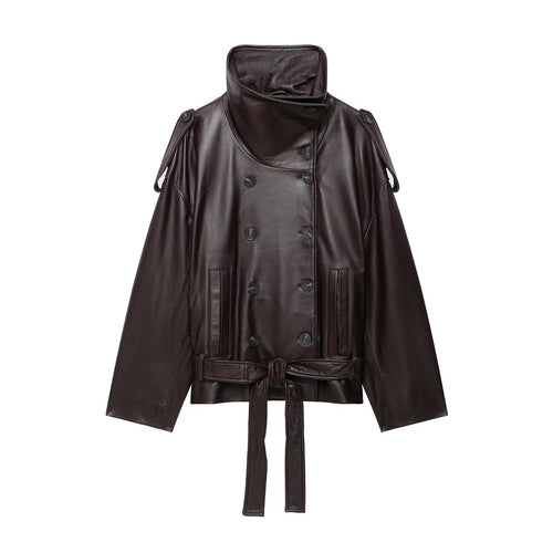 Damen Kurze Leder-Trenchcoat-Jacke mit hohem Stehkragen, doppelreihiger Knopfleiste und Taillengürtel Nord Taschen