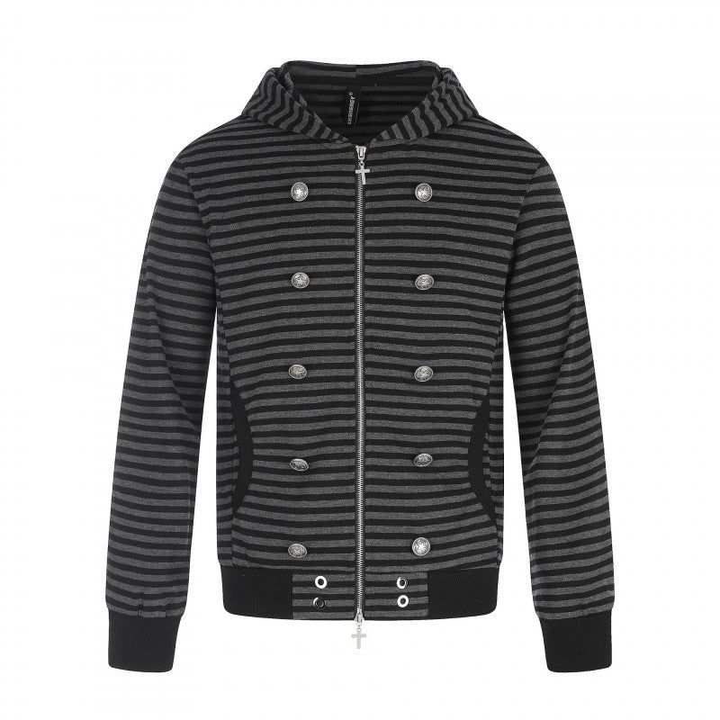 Unisex Gestreifte Kapuzen‑Zipjacke im doppelreihigen Look mit Metallknöpfen Nord Taschen