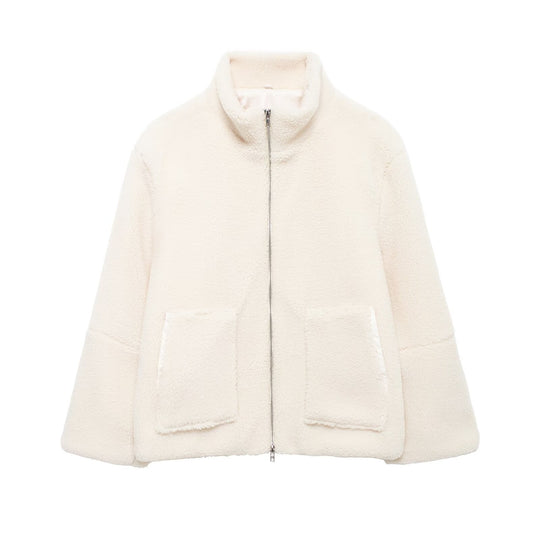 Damen Teddy-Fleece-Jacke mit Stehkragen und Lederoptik-Details Nord Taschen