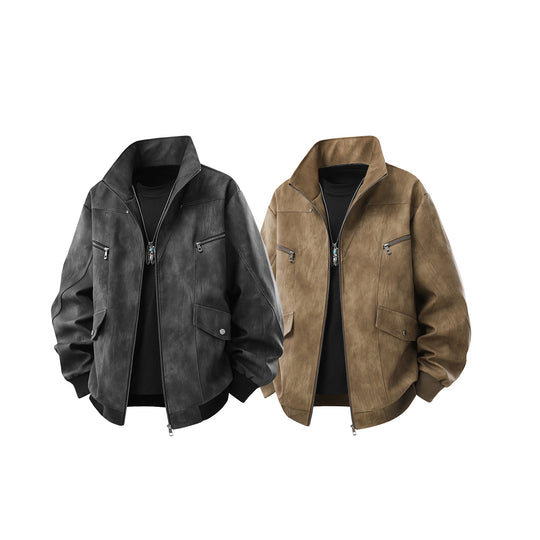 Herren Oversize-Blouson aus Kunstleder mit abnehmbarem Kapuzen‑Einsatz, Stehkragen und Utility‑Taschen Nord Taschen