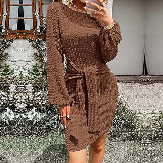 Damen geripptes Strickkleid mit taillierender Schärpe, ballonärmeln und figurumspielender Mini-Länge Nord Taschen