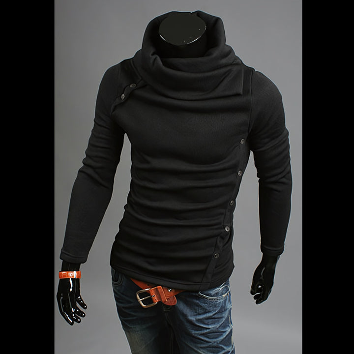 Herren Strickpullover mit großem Schalkragen, asymmetrischer Knopfleiste und schmaler Silhouette Nord Taschen