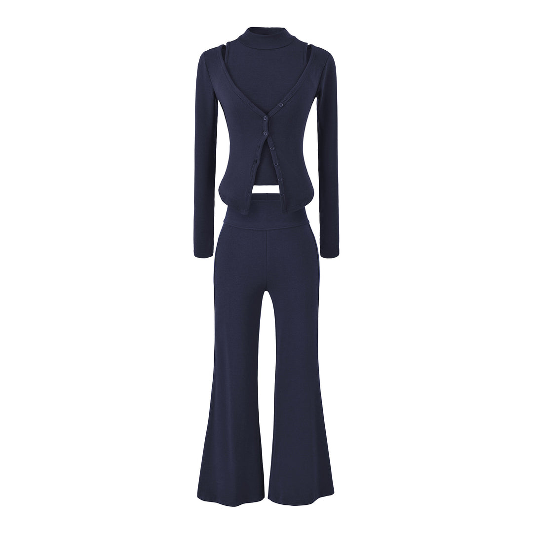 Damen Figurbetontes Layering-Set mit Rollkragen-Longsleeve und asymmetrischer Knopfjacke und ausgestellter High-Waist Hose Nord Taschen