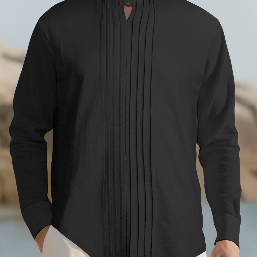 Herren Leichtes Langarmshirt im Leinenlook mit Stehkragen, Kellerfalten und Schlaufenverschluss Nord Taschen