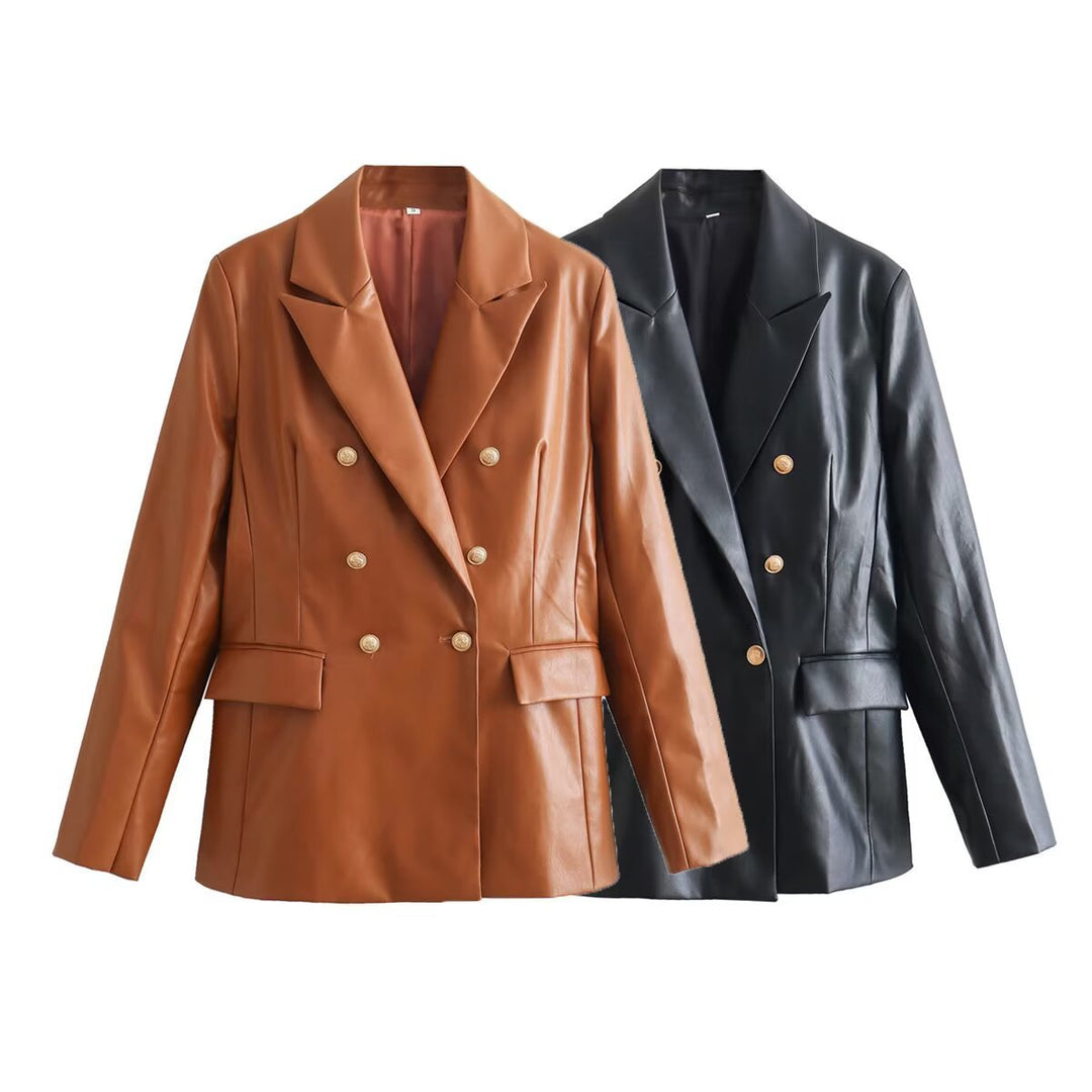 Damen Doppelreihiger Kunstleder-Blazer mit goldfarbenen Zierknöpfen und Pattentaschen Nord Taschen