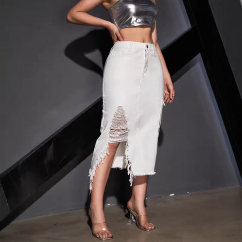 Damen asymmetrischer Midi-Denimrock mit Fransen- und Destroy-Effekt Nord Taschen