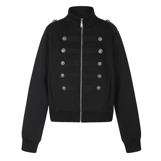 Damen kurze Sweatjacke mit Stehkragen, Doppelknopf-Detail und Reißverschluss Nord Taschen
