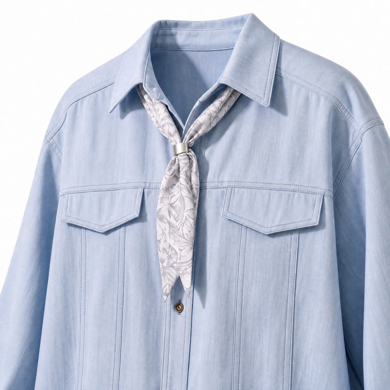 Damen Oversize-Chambray-Hemdbluse mit Ziernähten, Brustklappen & integriertem Halstuch Nord Taschen