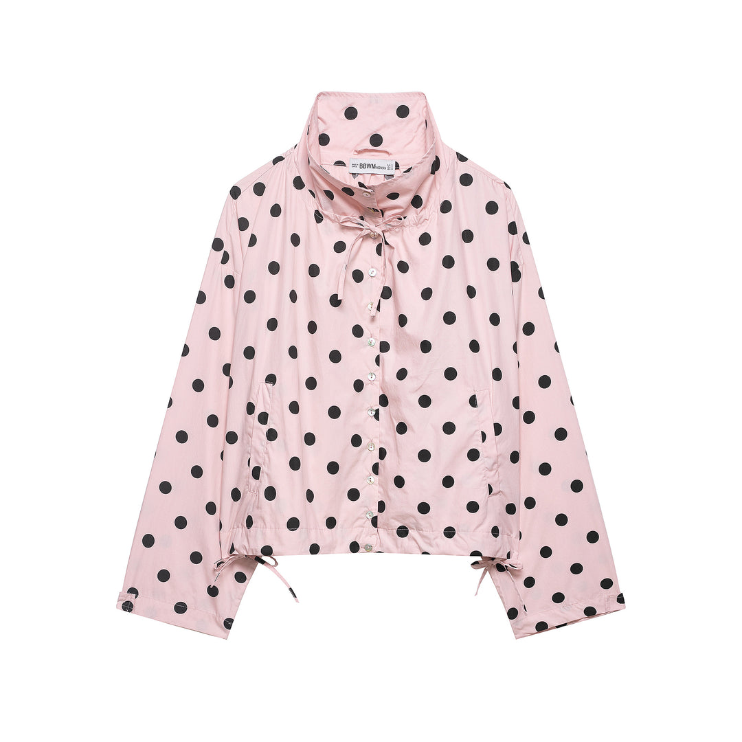 Damen Leichte Bluse im Polka‑Dot‑Design mit Stehkragen, Tunnelzugsaum und Knopfleiste Nord Taschen