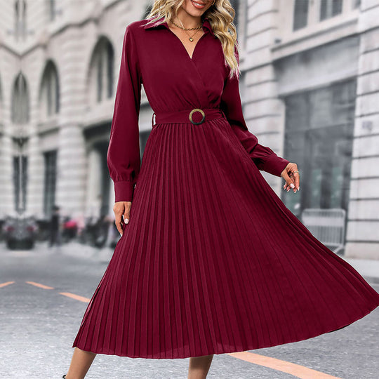 Damen Elegantes Plissee-Kleid mit Gürtel Nord Taschen