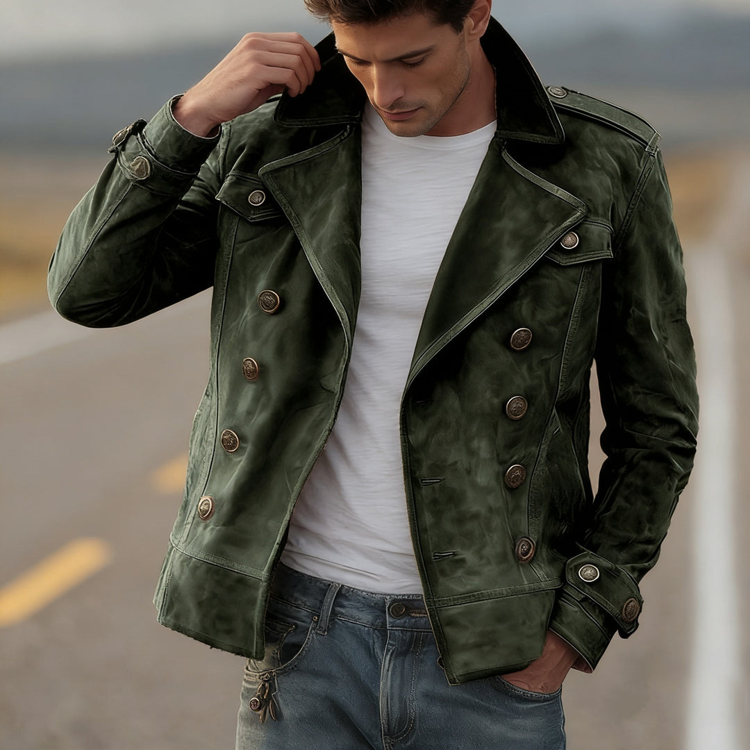 Herren Doppelreihige Lederjacke im Vintage-Look mit Schalkragen und Schulterklappen Nord Taschen