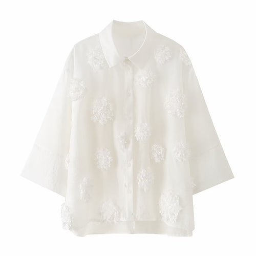 Damen Transparente Oversize‑Bluse mit 3D‑Blütenapplikationen und Hemdkragen Nord Taschen