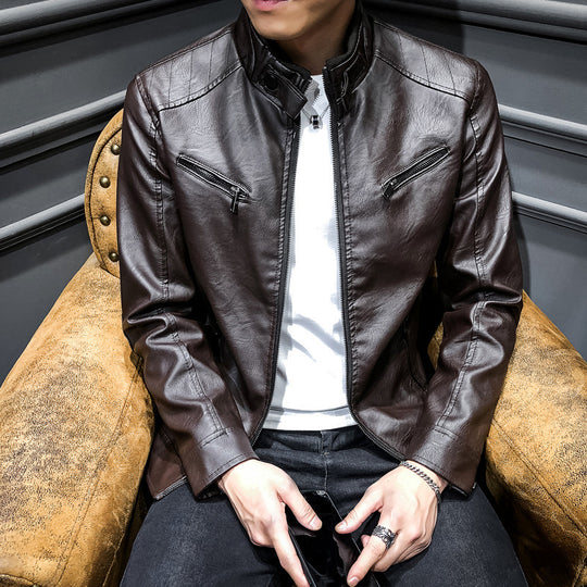 Herren Slim-Fit Kunstleder‑Racerblouson mit Stehkragen und Reißverschluss‑Brusttaschen Nord Taschen