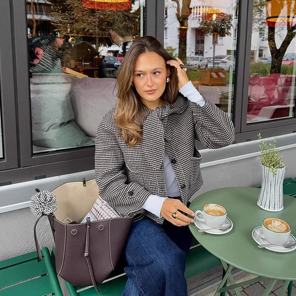 Damen Kurzjacke im Hahnentrittmuster mit Schleifenkragen Nord Taschen