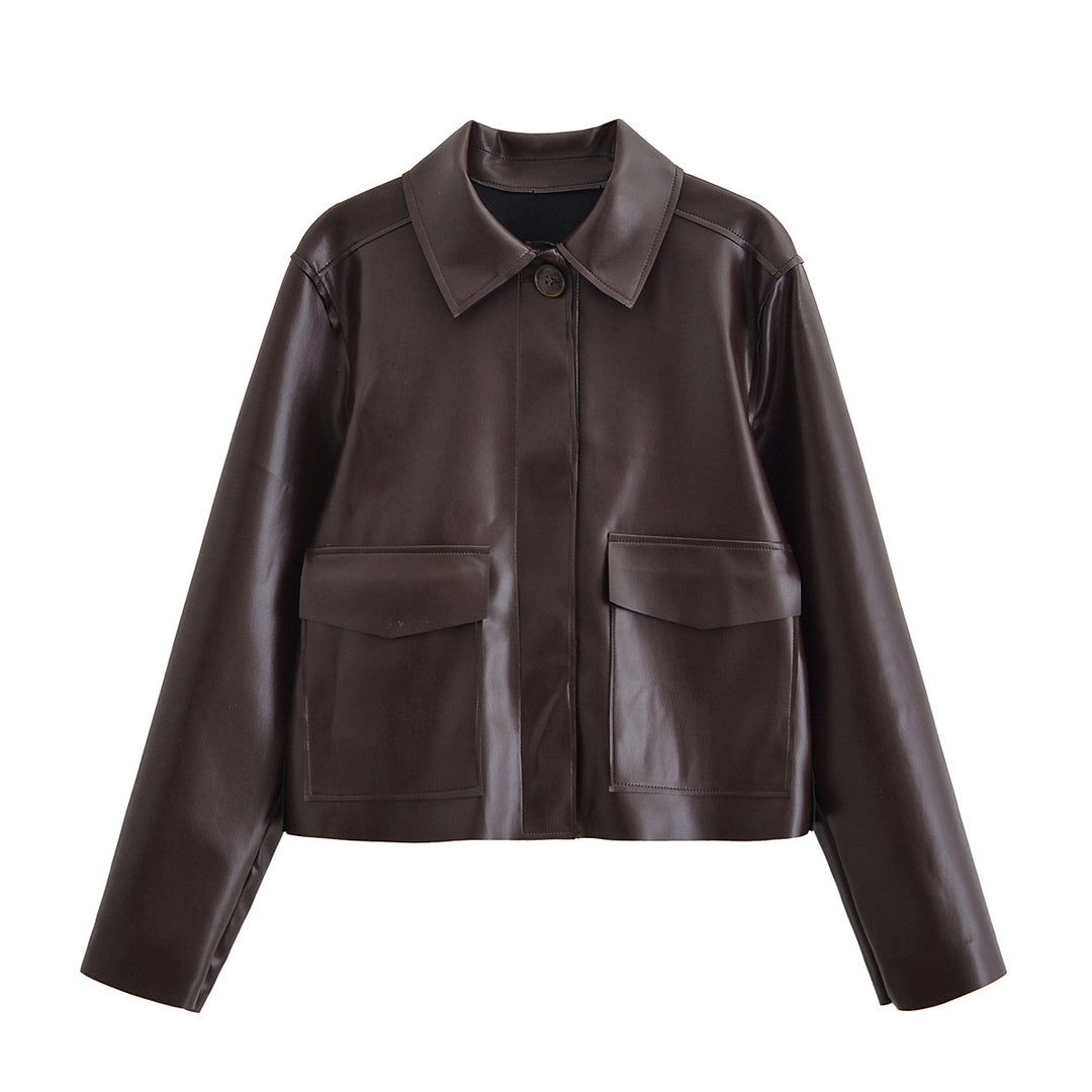 Damen Kurze Boxy-Lederoptikjacke mit Pattentaschen und Hemdkragen Nord Taschen