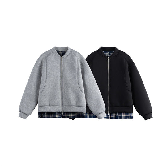 Damen Zwei‑in‑Eins Bomber‑Sweatjacke mit Karo‑Layer‑Einsatz und Stehkragen Nord Taschen