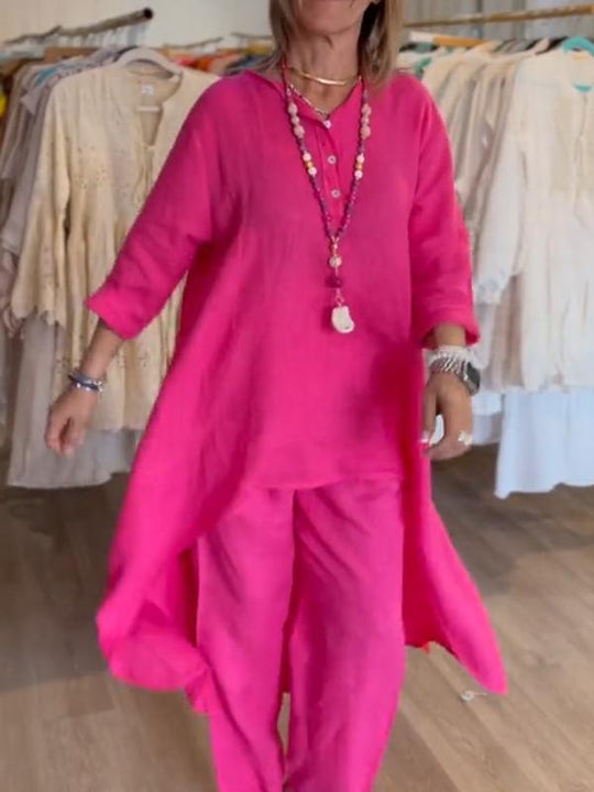 Damen Midilanges Leinen-Tunika-Set mit asymmetrischem Saum und weiter Palazzo-Hose Nord Taschen
